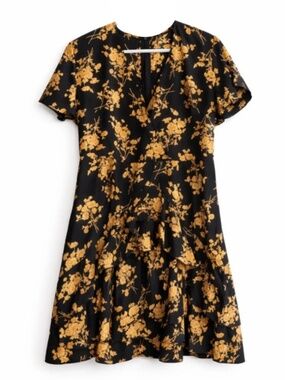 Black Mini Dress Gold Floral Print Ruffle Sleeves Faux Wrap – Size XL EUC